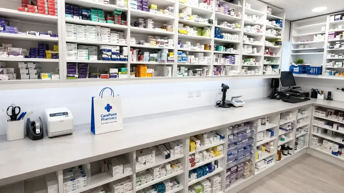 Clean pharmacy dispensary shelves